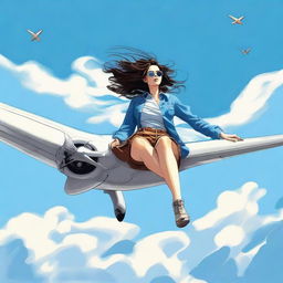 A daring individual nonchalantly sitting on the wing of a flying airplane, wind whipping through their hair against a backdrop of clear blue skies