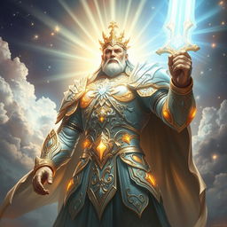 A colossal warrior of light, radiating with luminescent energy, clad in an ornate armor that shimmers with hues of gold and silver