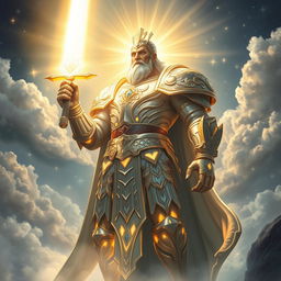 A colossal warrior of light, radiating with luminescent energy, clad in an ornate armor that shimmers with hues of gold and silver