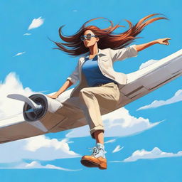 A daring individual nonchalantly sitting on the wing of a flying airplane, wind whipping through their hair against a backdrop of clear blue skies