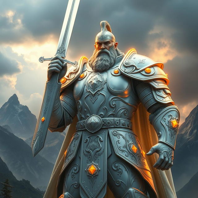 A colossal warrior clad in gleaming white armor, standing confidently with a sword raised high