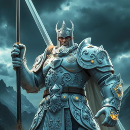 A colossal warrior clad in gleaming white armor, standing confidently with a sword raised high