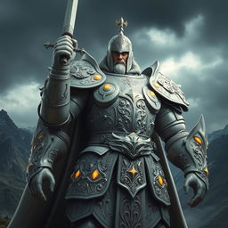 A colossal warrior clad in gleaming white armor, standing confidently with a sword raised high