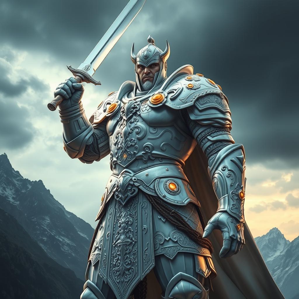 A colossal warrior clad in gleaming white armor, standing confidently with a sword raised high