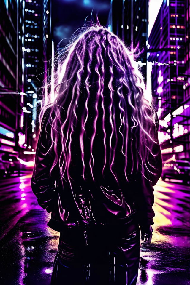 Ultra HD 36K cinematic photograph by Man Ray featuring a cyberpunk girl with long, thick, wavy, warm-toned purple hair in a neon city