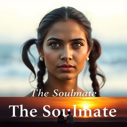 A beautiful North Indian woman with very fair skin and hazel eyes, featuring center-split hair styled in pigtails