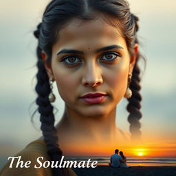 A beautiful North Indian woman with very fair skin and hazel eyes, featuring center-split hair styled in pigtails
