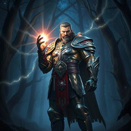 A tall, imposing warrior stands confidently, holding a radiant light source in one hand, illuminating the surrounding darkness