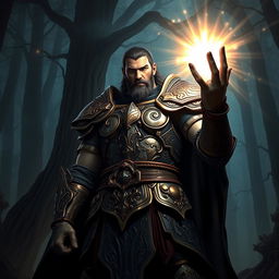 A tall, imposing warrior stands confidently, holding a radiant light source in one hand, illuminating the surrounding darkness