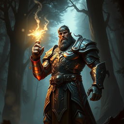 A tall, imposing warrior stands confidently, holding a radiant light source in one hand, illuminating the surrounding darkness