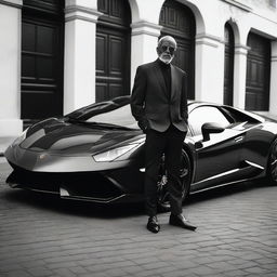 A contrasting scene of a destitute individual standing next to a sleek, high-end Lamborghini, illustrating the disparity between wealth and poverty