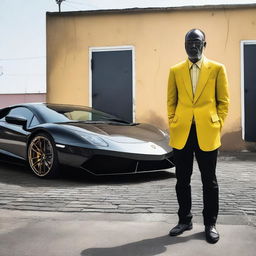 A contrasting scene of a destitute individual standing next to a sleek, high-end Lamborghini, illustrating the disparity between wealth and poverty