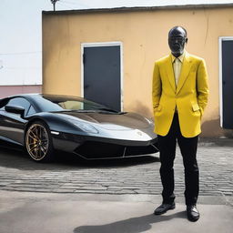 A contrasting scene of a destitute individual standing next to a sleek, high-end Lamborghini, illustrating the disparity between wealth and poverty