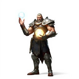 A tall, muscular warrior standing confidently, holding a glowing orb of light in one hand