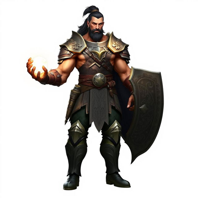 A tall, muscular warrior standing confidently, holding a glowing orb of light in one hand