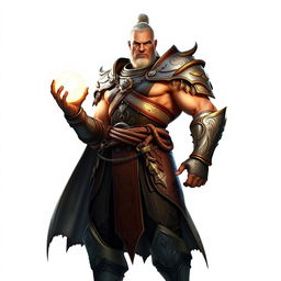 A tall, muscular warrior standing confidently, holding a glowing orb of light in one hand