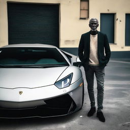 A contrasting scene of a destitute individual standing next to a sleek, high-end Lamborghini, illustrating the disparity between wealth and poverty