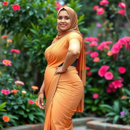 A mature Muslim woman wearing a tight and sexy saree, accentuating her curvy figure with measurements of 36-28-38