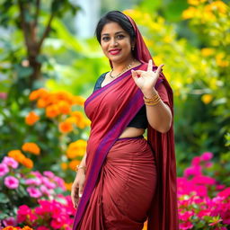 A mature Muslim woman wearing a tight and sexy saree, accentuating her curvy figure with measurements of 36-28-38