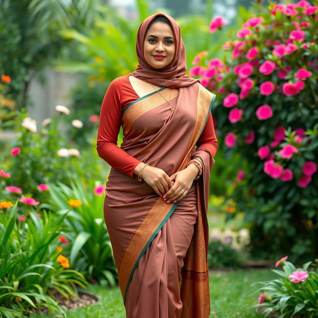 A mature Muslim woman wearing a tight and sexy saree, accentuating her curvy figure with measurements of 36-28-38