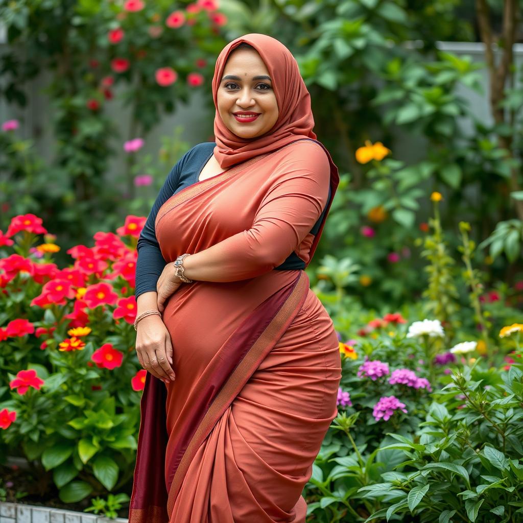 A mature Muslim woman wearing a tight and sexy saree, accentuating her curvy figure with measurements of 36-28-38