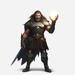A tall, imposing warrior stands confidently in a striking pose, holding a glowing orb of light above his head, illuminating the white background around him