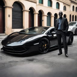 A contrasting scene of a destitute individual standing next to a sleek, high-end Lamborghini, illustrating the disparity between wealth and poverty