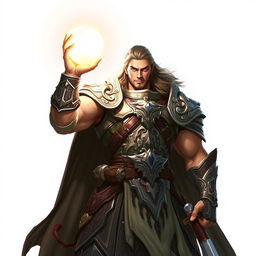 A tall, imposing warrior stands confidently in a striking pose, holding a glowing orb of light above his head, illuminating the white background around him