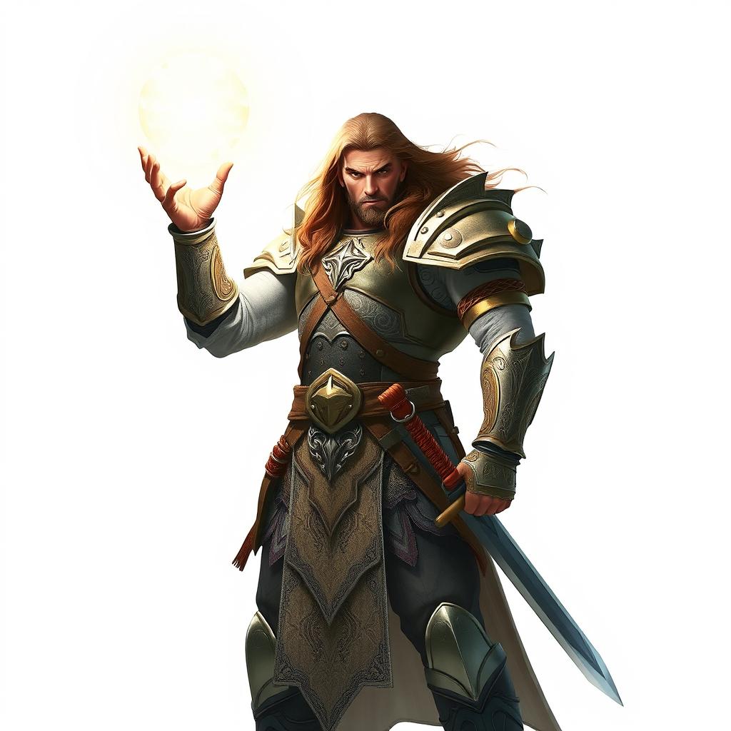 A tall, imposing warrior stands confidently in a striking pose, holding a glowing orb of light above his head, illuminating the white background around him