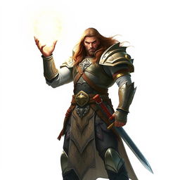 A tall, imposing warrior stands confidently in a striking pose, holding a glowing orb of light above his head, illuminating the white background around him