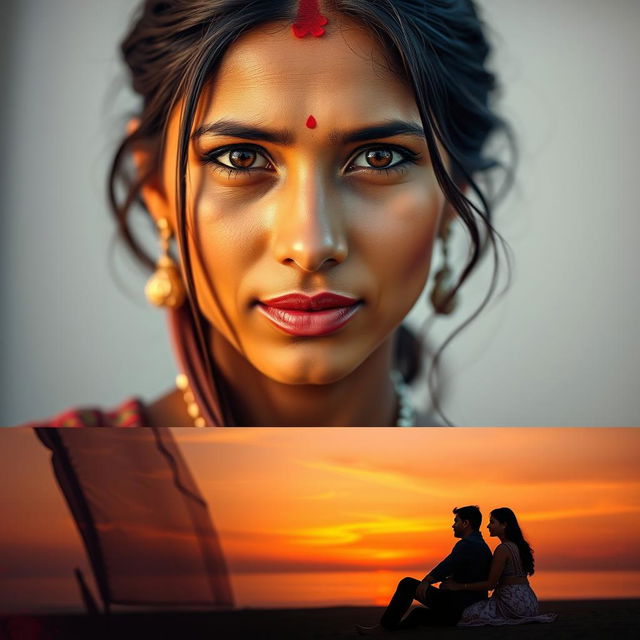 A beautiful Indian woman with very fair skin and striking hazel eyes, showcasing a centre split in her hair that is neatly tied back