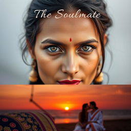A beautiful Indian woman with very fair skin and striking hazel eyes, showcasing a centre split in her hair that is neatly tied back