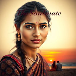 A beautiful Indian woman with very fair skin and striking hazel eyes, showcasing a centre split in her hair that is neatly tied back