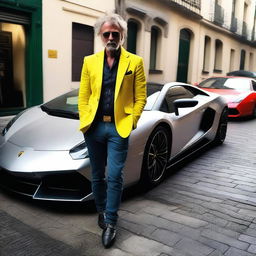 A striking contrast between a downtrodden, disheveled individual in dirty clothes and a pristine, luxurious Lamborghini.