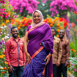 A mature Muslim woman wearing a tight and sexy saree that elegantly drapes from top to bottom, accentuating her curvy figure with measurements of 36-28-38