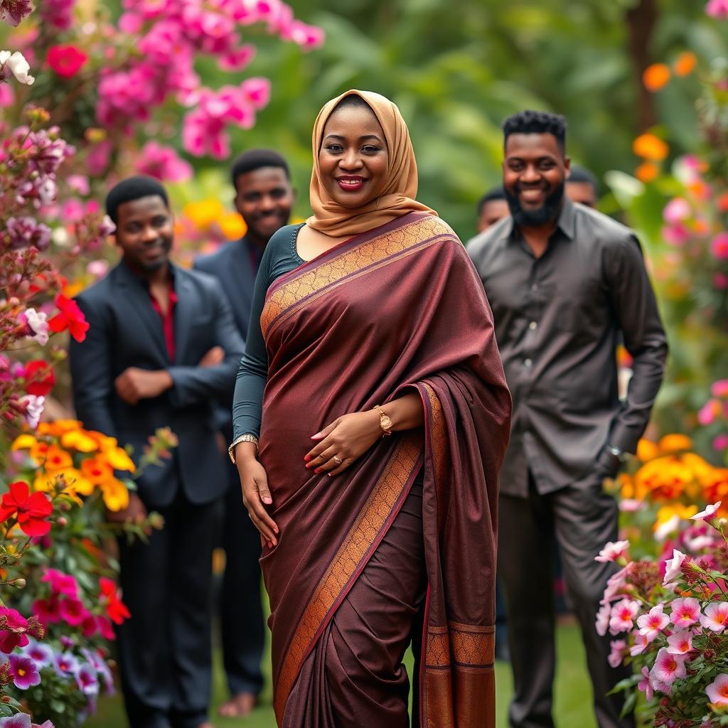 A mature Muslim woman wearing a tight and sexy saree that elegantly drapes from top to bottom, accentuating her curvy figure with measurements of 36-28-38