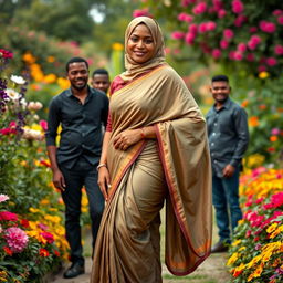A mature Muslim woman wearing a tight and sexy saree that elegantly drapes from top to bottom, accentuating her curvy figure with measurements of 36-28-38