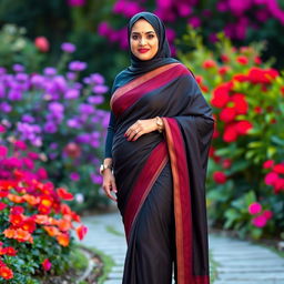 A mature Muslim woman wearing a tight and sexy saree that elegantly drapes from top to bottom, showcasing her curvy figure with measurements of 36-28-38