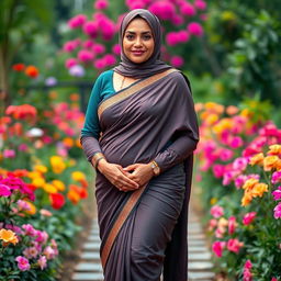 A mature Muslim woman wearing a tight and sexy saree that elegantly drapes from top to bottom, showcasing her curvy figure with measurements of 36-28-38