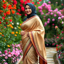 A mature Muslim woman wearing a tight and sexy saree that elegantly drapes from top to bottom, showcasing her curvy figure with measurements of 36-28-38