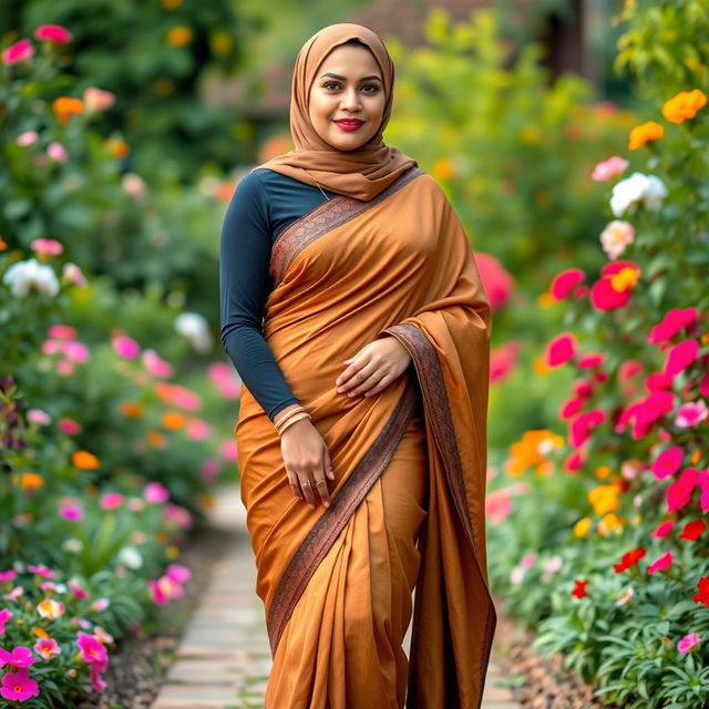 A mature Muslim woman wearing a tight and sexy saree that elegantly drapes from top to bottom, showcasing her curvy figure with measurements of 36-28-38