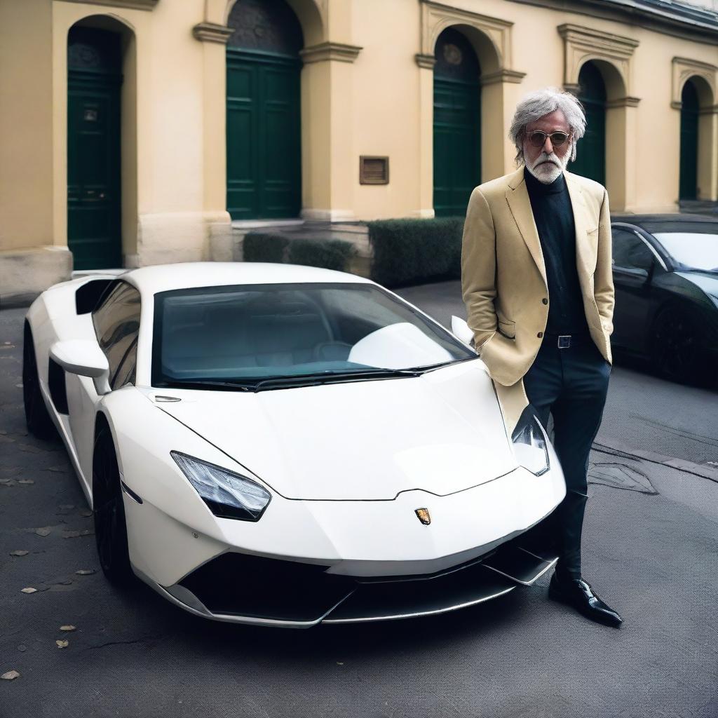 A striking contrast between a downtrodden, disheveled individual in dirty clothes and a pristine, luxurious Lamborghini.