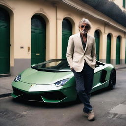 A striking contrast between a downtrodden, disheveled individual in dirty clothes and a pristine, luxurious Lamborghini.