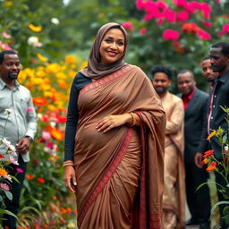 A mature Muslim woman wearing a tight and sexy saree that drapes elegantly from top to bottom, emphasizing her curvy figure with measurements of 36-28-38