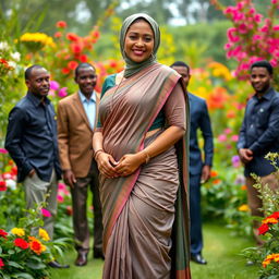 A mature Muslim woman wearing a tight and sexy saree that drapes elegantly from top to bottom, emphasizing her curvy figure with measurements of 36-28-38