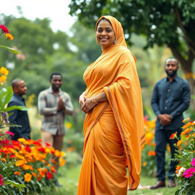 A mature Muslim woman wearing a tight and sexy saree that drapes elegantly from top to bottom, emphasizing her curvy figure with measurements of 36-28-38