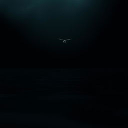A surreal scene depicting a bottomless emptiness filled with an inky blackness, contrasting with a single bird soaring majestically above an expanse of water