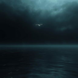 A surreal scene depicting a bottomless emptiness filled with an inky blackness, contrasting with a single bird soaring majestically above an expanse of water