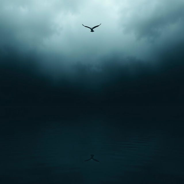 A surreal scene depicting a bottomless emptiness filled with an inky blackness, contrasting with a single bird soaring majestically above an expanse of water