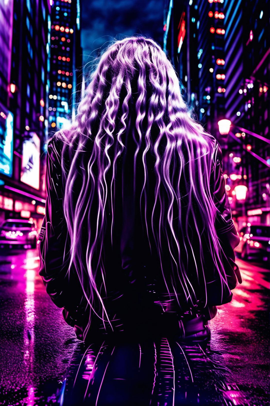 Ultra HD 36K Man Ray style photograph with long exposure and wide-angle lens featuring a cyberpunk girl with thick wavy warm-toned purple hair in neon city, shot from behind with 200mm lens